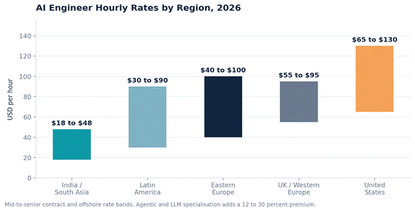 Bar chart comparing AI engineer hourly rates across India, Latin America, Eastern Europe, Western Europe and the United States in 2026